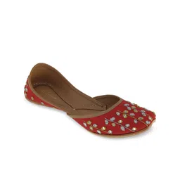 Fulkari Women Red Printed Leather Ethnic Mojaris Flats-picture-31