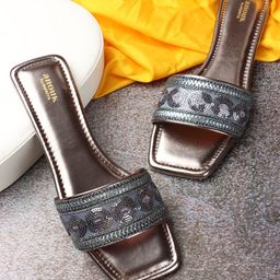 Anouk Grey Embellished Embroidered Open Toe Flats-11