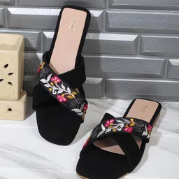 Anouk Black & Pink Sequin Embroidered Suede Open Toe Flats-picture-41