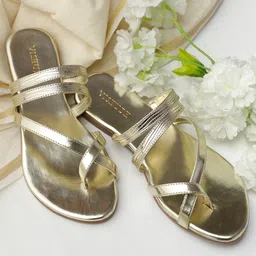 Vishudh Women Gold Embellished Open Toe Flats-image-66