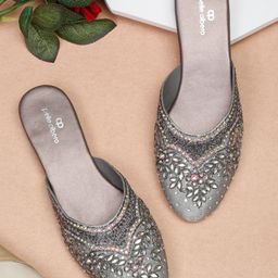 pelle albero Women Grey Embellished Mules Flats-image-5