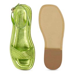 Saint G Textured Ankle Loop Leather Open Toe Flats image 3