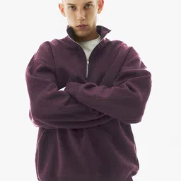 MISCHIEF MONKEY Mock Collar Ribbed Half Zipper Cotton Fleece Pullover Sweatshirt-picture-5