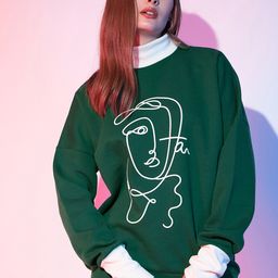 STREET 9 Green & White Graphic Printed Fleece Pullover Sweatshirt-picture-23