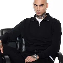 Snitch Men Pure Cotton Mock Collar Black Plain Sweatshirt-picture-14