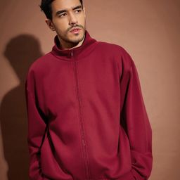 MASCLN SASSAFRAS Maroon Long Sleeves Mock Collar Oversized Front-Open Sweatshirt-picture-38