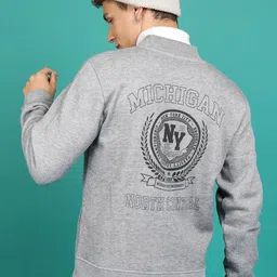 HIGHLANDER Grey Typography Printed Mandarin Collar Long Sleeves Front-Open Sweatshirt-image-55
