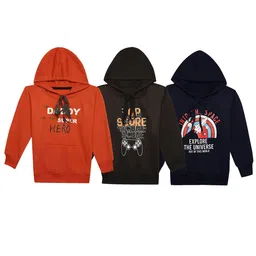 VIMAL JONNEY Kids Pack Of 3 Typography Printed Hooded Cotton Fleece Sweatshirts-image-96