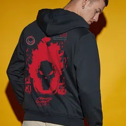 Bewakoof Ghost Printed Hooded Neck Long Sleeves Fleece Front Open Sweatshirt-image-1