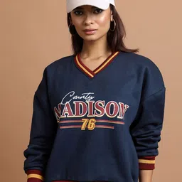 Tokyo Talkies Navy Blue Typography Printed Oversized Drop Shoulder Sleeves Pullover-14