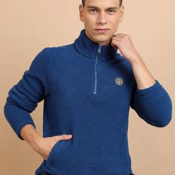 HIGHLANDER Blue Self Design Mock Collar Half Zipper Sweatshirt-picture-21