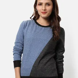Campus Sutra Blue & Black Colourblocked Cotton Pullover Sweatshirt-image-96