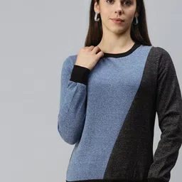 Campus Sutra Blue & Black Colourblocked Cotton Pullover Sweatshirt-image-54