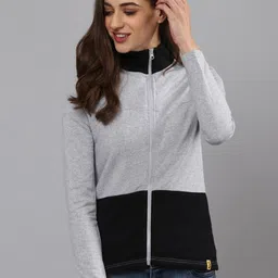 Campus Sutra Grey Colourblocked Mock Collar Cotton Front-Open Sweatshirt-18