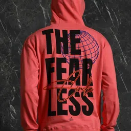 BreakbounceCoral Orange Fearless Typography printed Relaxed Fit  Printed Hooded Pullover-image-91