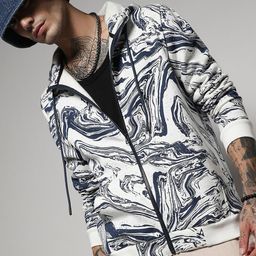Campus Sutra White & Navy Blue Abstract Printed Hooded Cotton Sweatshirt-image-17