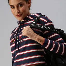 SHOWOFF Women Navy Blue Striped Hooded Sweatshirt-image-66