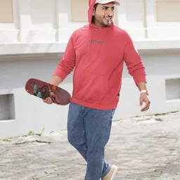 Sztori Men Plus Size Pink Printed Detail Hooded Sweatshirt-image-29