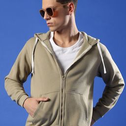Campus Sutra Beige Hooded Cotton Front Open Sweatshirt-image-7