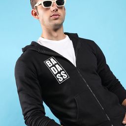Campus Sutra Black Typography Printed Hooded Front-Open Cotton Sweatshirt-picture-13