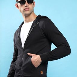Campus Sutra Black Hooded Cotton Front Open Sweatshirt-picture-57