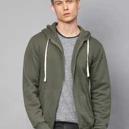 Campus Sutra Men Green Hooded Cotton Front-Open Sweatshirt-picture-1