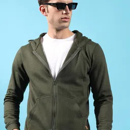 Campus Sutra Green Hooded Cotton Front Open Sweatshirt-picture-13