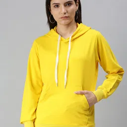 JUNEBERRY Women Yellow Hooded Fleece Sweatshirt-12