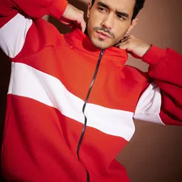 MASCLN SASSAFRAS Red & White Colourblocked Mock Collar Oversized Front-Open Pullover image 2