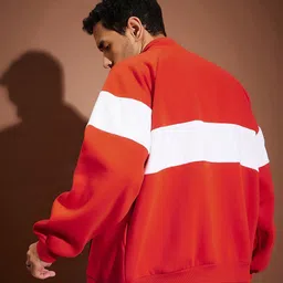 MASCLN SASSAFRAS Red & White Colourblocked Mock Collar Oversized Front-Open Pullover image 4