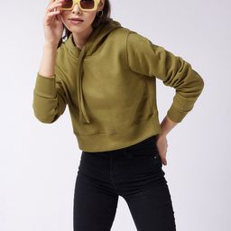 DressBerry Olive Green Hooded Long Sleeves Crop Pullover Sweatshirt-image-40