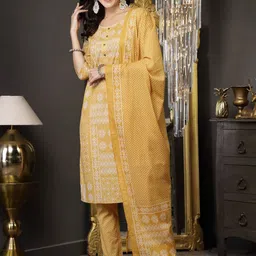 Stylum Ethnic Motifs Printed Regular Pure Cotton Kurta With Trousers & Dupatta image 1