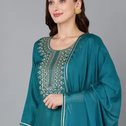 KALINI Ethnic Motifs Yoke Design Sequinned Kurta & Trousers With Dupatta image 2
