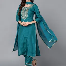 KALINI Ethnic Motifs Yoke Design Sequinned Kurta & Trousers With Dupatta image 5