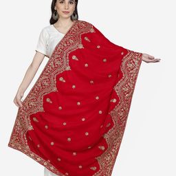 Moda Chales Red & Gold-Toned Embroidered Velvet Dupatta-25