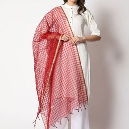 WEAVERS VILLA Checked Cotton Silk Dupatta-picture-10