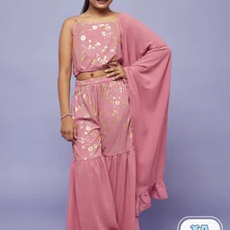 Aks Kids Girls Foil Printed Crop Top with Sharara With Dupatta-image-5