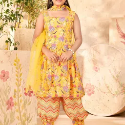 BAESD Girls Floral Printed Pleated A-Line Kurta With Patiala & Dupatta-image-9