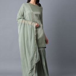 W Women Green Embroidered Layered Kurti with Sharara & With Dupatta-image-8