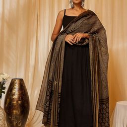 InWeave Black & Brown Shoulder Straps Pleated Anarkali Kurta with Palazzos & Dupatta-18