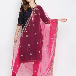 Dupatta Bazaar Fuchsia Pink & Gold-Toned Embroidered Zardosi Dupatta-0