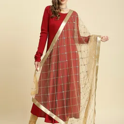 Dupatta Bazaar Women Gold Embroidered Net Dupatta image 1