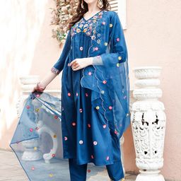 KALINI Floral Embroidered V-Neck Pure Silk Kurta with Trousers & Dupatta-picture-53