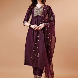 KALINI Ethnic Motifs Embroidered Regular Pure Silk Alia Cut Kurta with Trousers & Dupatta-picture-23