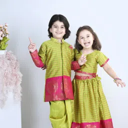 BownBee Girls Green & Pink Half Sleeve South Indian Pavda Pattu Lehenga-picture-54