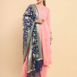 Soch Navy Blue & Gold-Toned Woven Design Dupatta-34