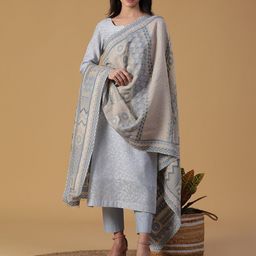 SHINGORA Beige & Grey Ethnic Motifs Woven Design Dupatta-48