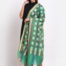 LOOM LEGACY Women Green & Gold Woven Design Jacquard Dupatta-11