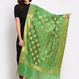 LOOM LEGACY Women Green Woven Design Jacquard Dupatta-13