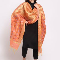 LOOM LEGACY Orange & Gold-Toned Woven Design Cotton Silk Jacquard Dupatta with Zari-42